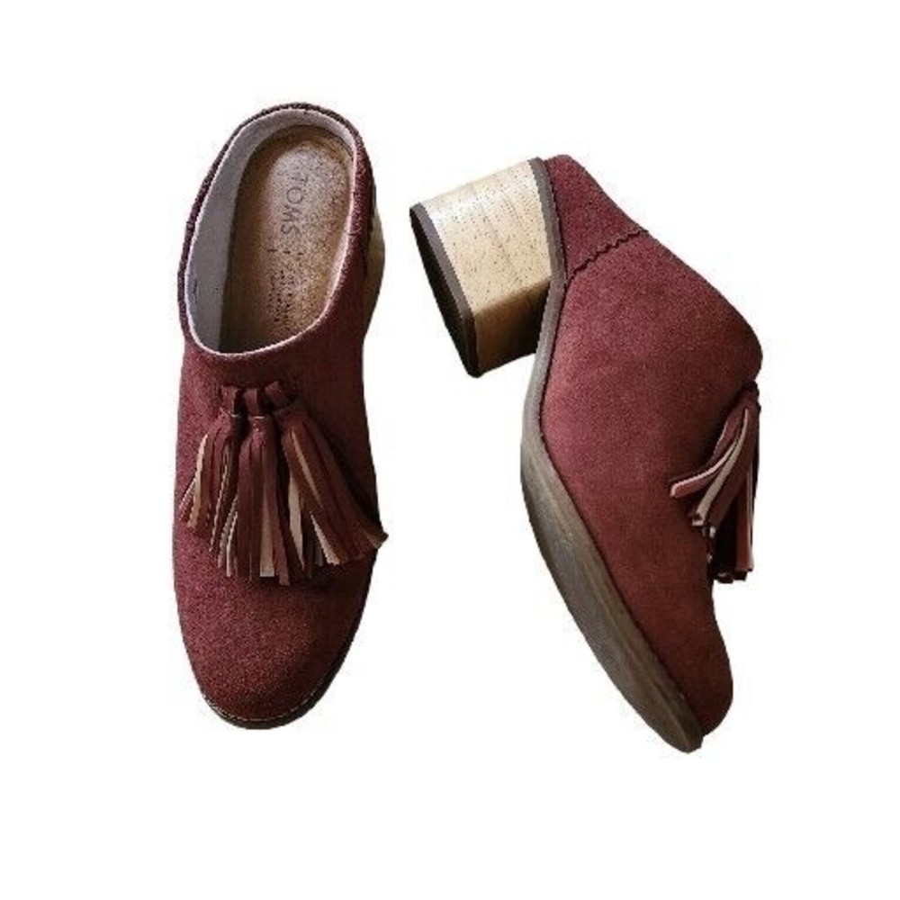 TOMS Leila Mule Clog Size 9 Red Suede Block Heel Slip On Casual EUC Shoes